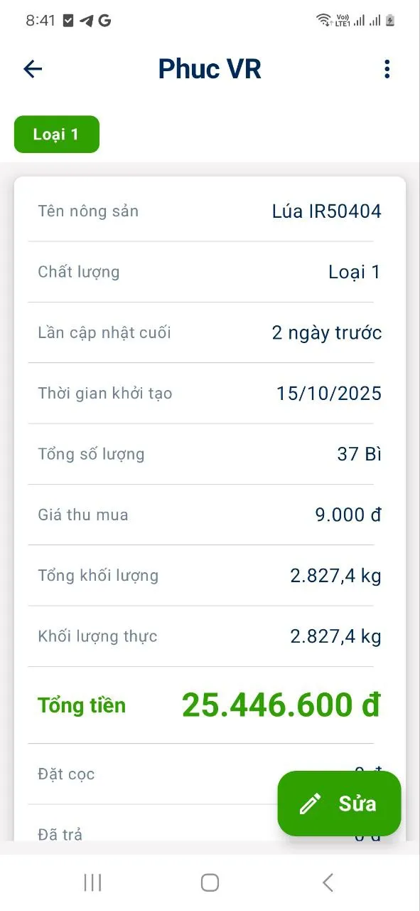 Màn hình chi tiết phiếu cân