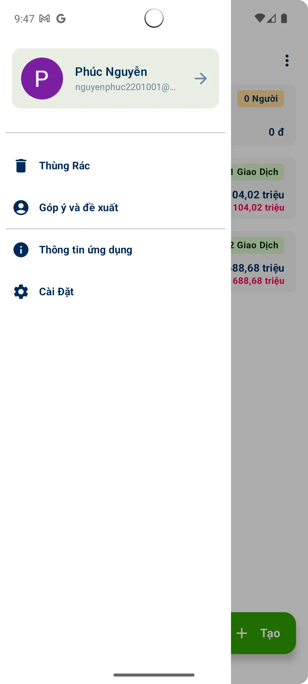 Menu sau khi đăng nhập