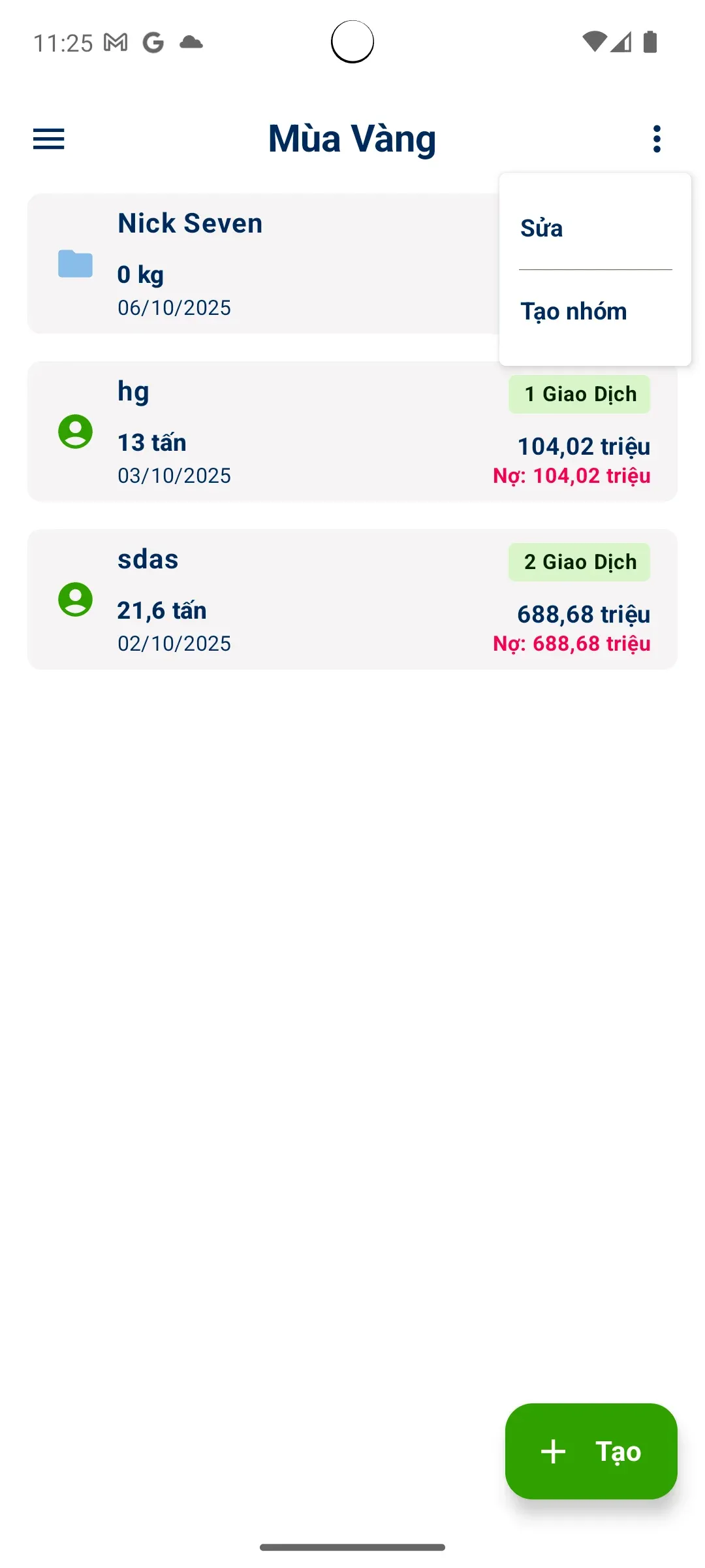 Màn hình chọn mục