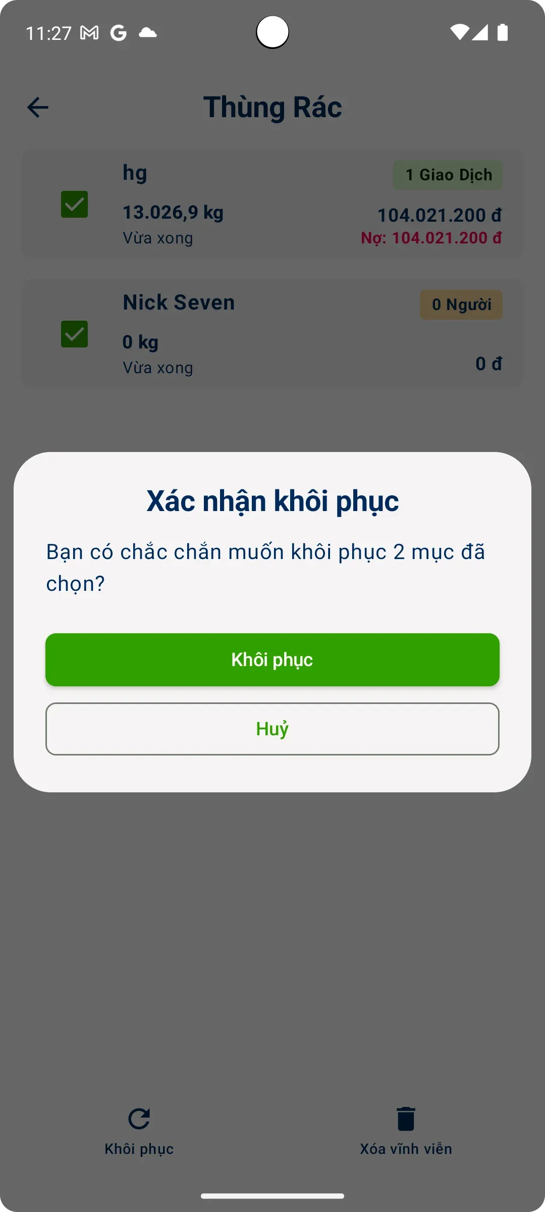 Xác nhận khôi phục